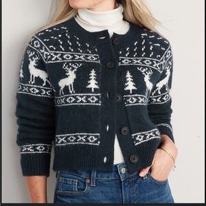 Old Navy white Blue Reindeer Cardigan matching fair isle sweater women’s large